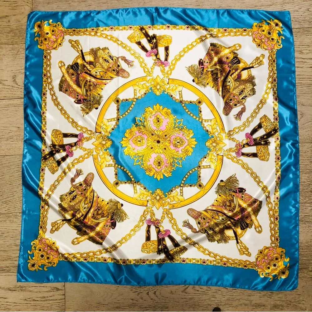 Scarf Square Satin Charmeuse 36 inches Turquoise Aqua Blue Gold Chain Design